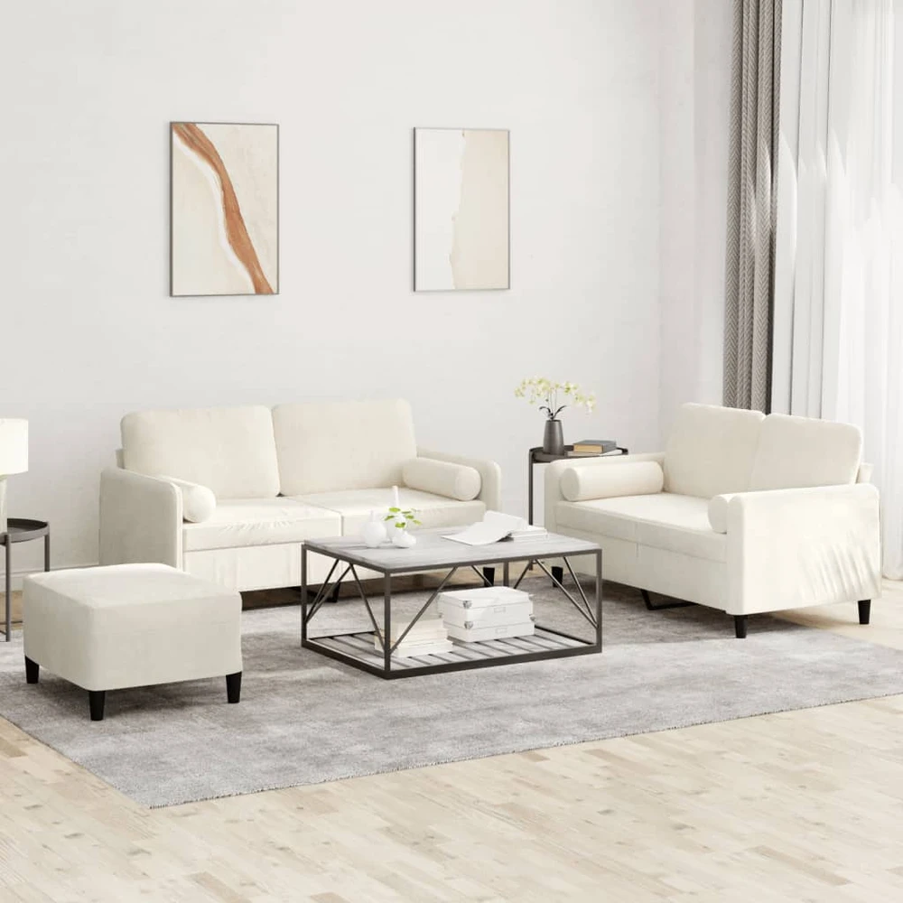 Sofa Sofos komplektas su pagalvėmis, 3 dalių, kreminis, aksomas