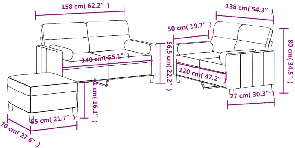 Sofa Sofos komplektas su pagalvėmis, 3 dalių, pilkas, audinys