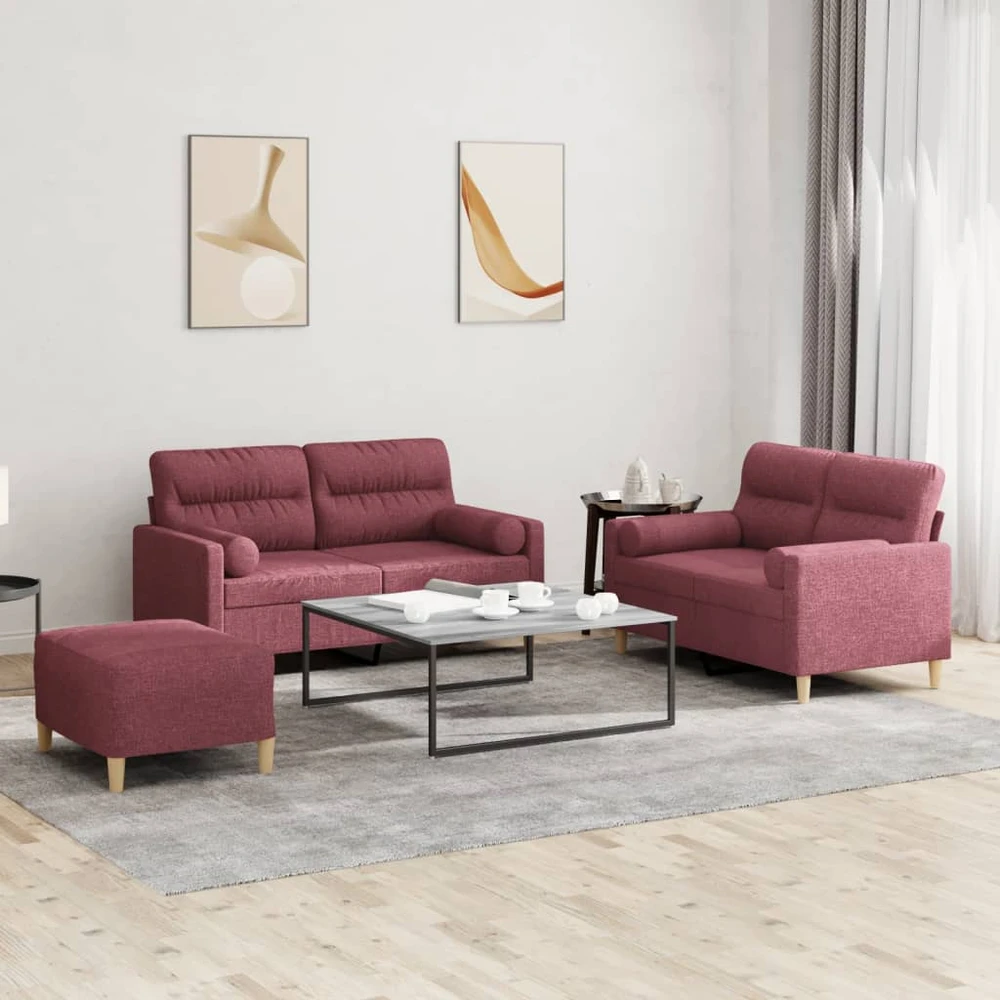 Sofa Sofos komplektas su pagalvėmis, 3 dalių, vyno, audinys