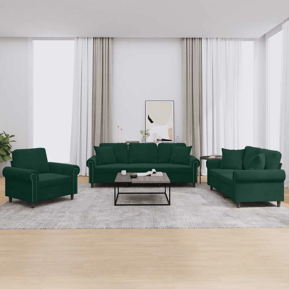 Sofa Sofos komplektas su pagalvėmis, 3 dalių, žalias, aksomas