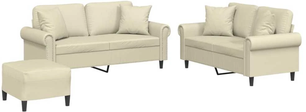 Sofa Sofos komplektas su pagalvėmis, 3 dalių, kreminis, dirbtinė oda