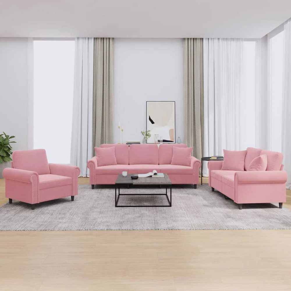 Sofa Sofos komplektas su pagalvėmis, 3 dalių, rožinis, aksomas
