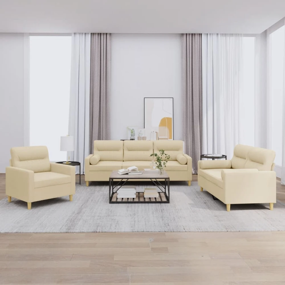 Sofa Sofos komplektas su pagalvėmis, 3 dalių, kreminis, audinys
