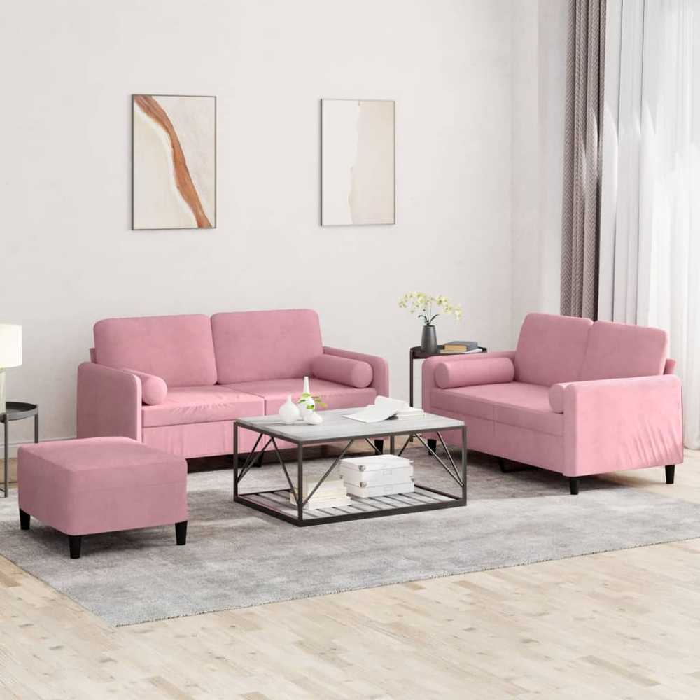 Sofa Sofos komplektas su pagalvėmis, 3 dalių, rožinis, aksomas