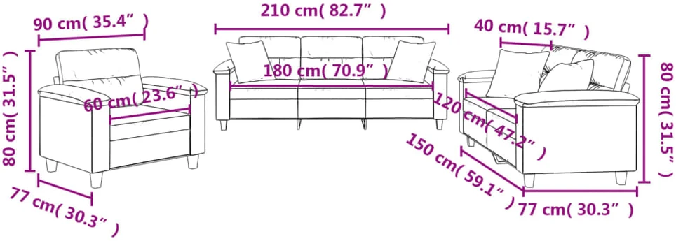 Sofa Sofos komplektas su pagalvėmis, 3 dalių, juodas, audinys