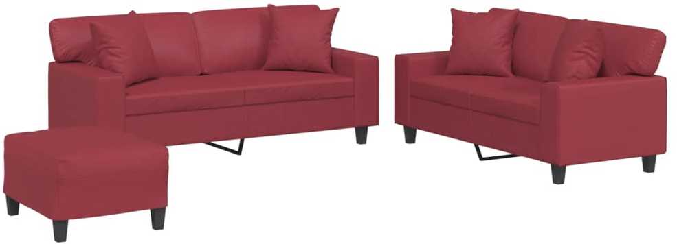 Sofa Sofos komplektas su pagalvėmis, 3 dalių, vyno, dirbtinė oda