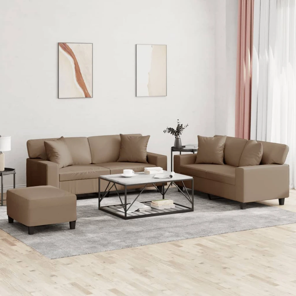 Sofa Sofos komplektas su pagalvėmis, 3 dalių, kapučino, dirbtinė oda