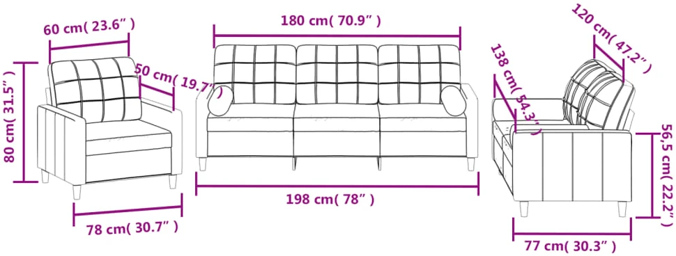Sofa Sofos komplektas su pagalvėmis, 3 dalių, pilkas, audinys