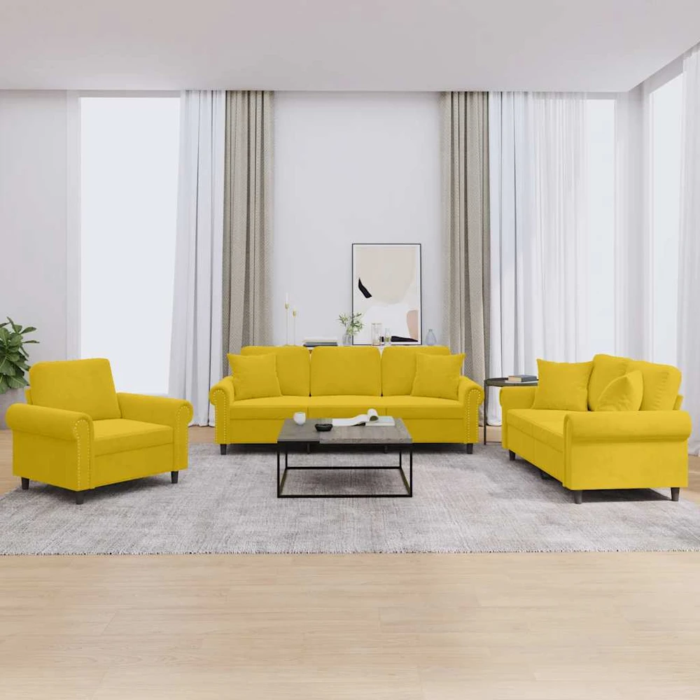 Sofa Sofos komplektas su pagalvėmis, 3 dalių, geltonas, aksomas