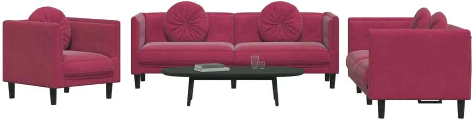 Sofa Sofos komplektas su pagalvėmis, 3 dalių, vyno, aksomas