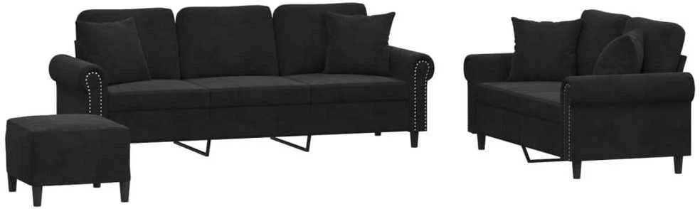 Sofa Sofos komplektas su pagalvėmis, 3 dalių, juodas, aksomas