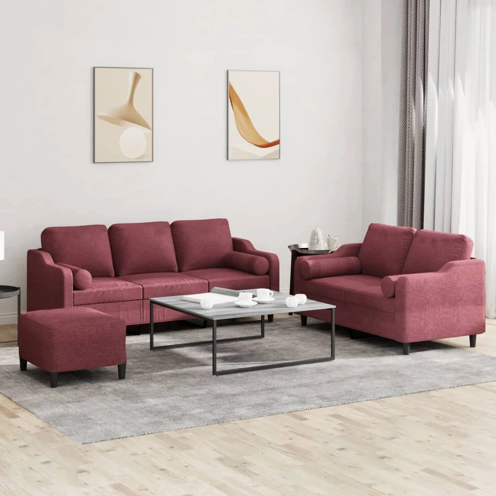 Sofa Sofos komplektas su pagalvėmis, 3 dalių, vyno, audinys