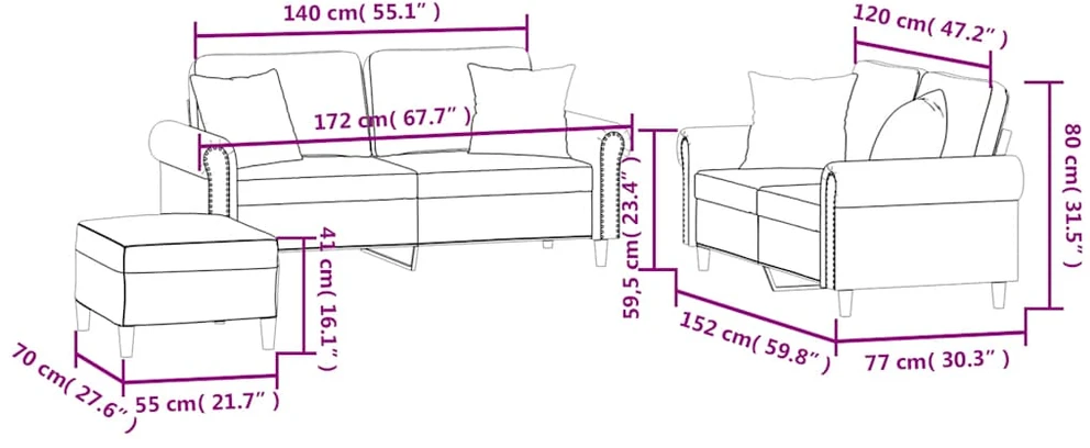 Sofa Sofos komplektas su pagalvėmis, 3 dalių, vyno, aksomas