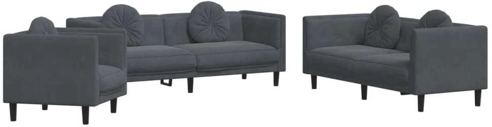 Sofa Sofos komplektas su pagalvėmis, 3 dalių, pilkas, aksomas