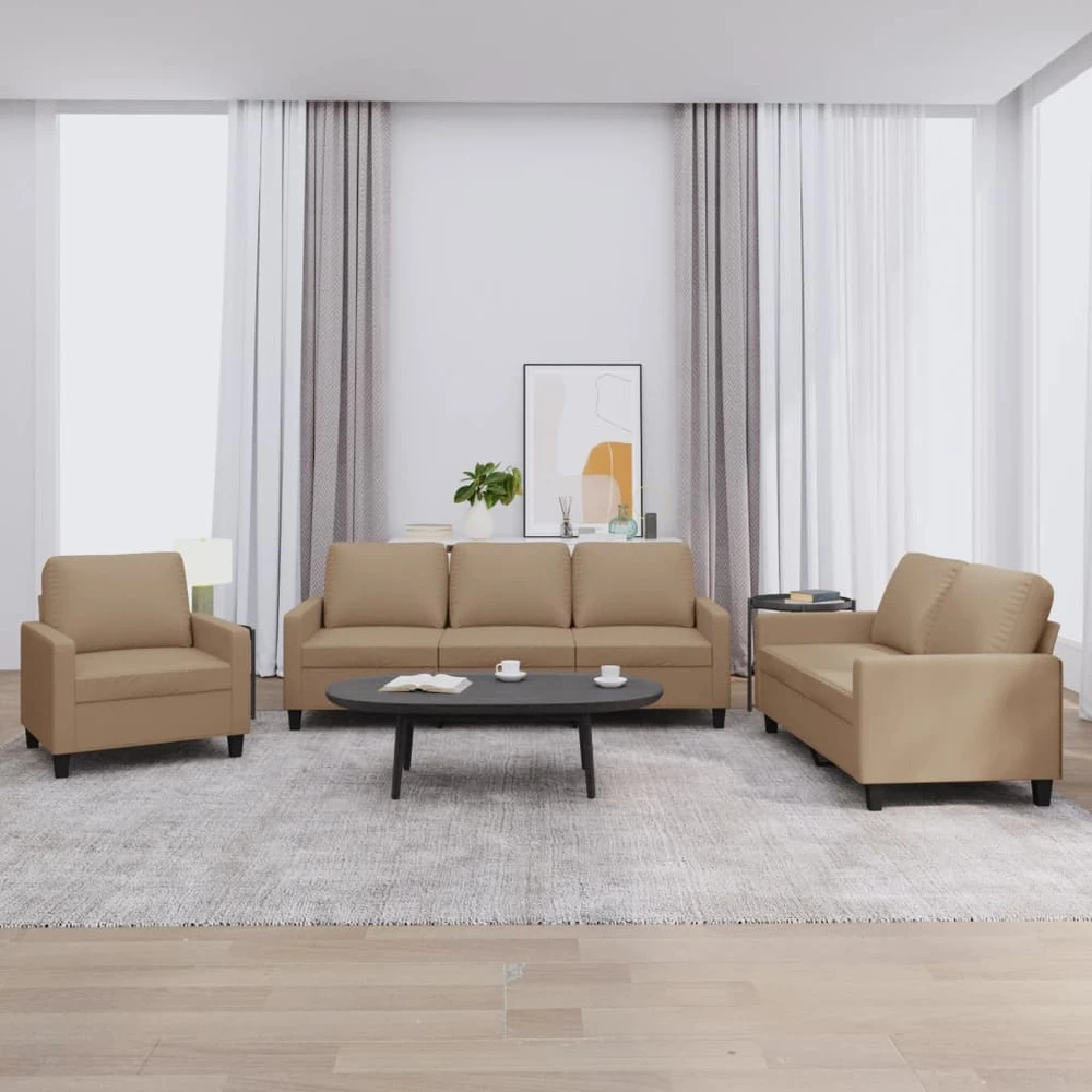 Sofa Sofos komplektas su pagalvėmis, 3 dalių, kapučino, dirbtinė oda