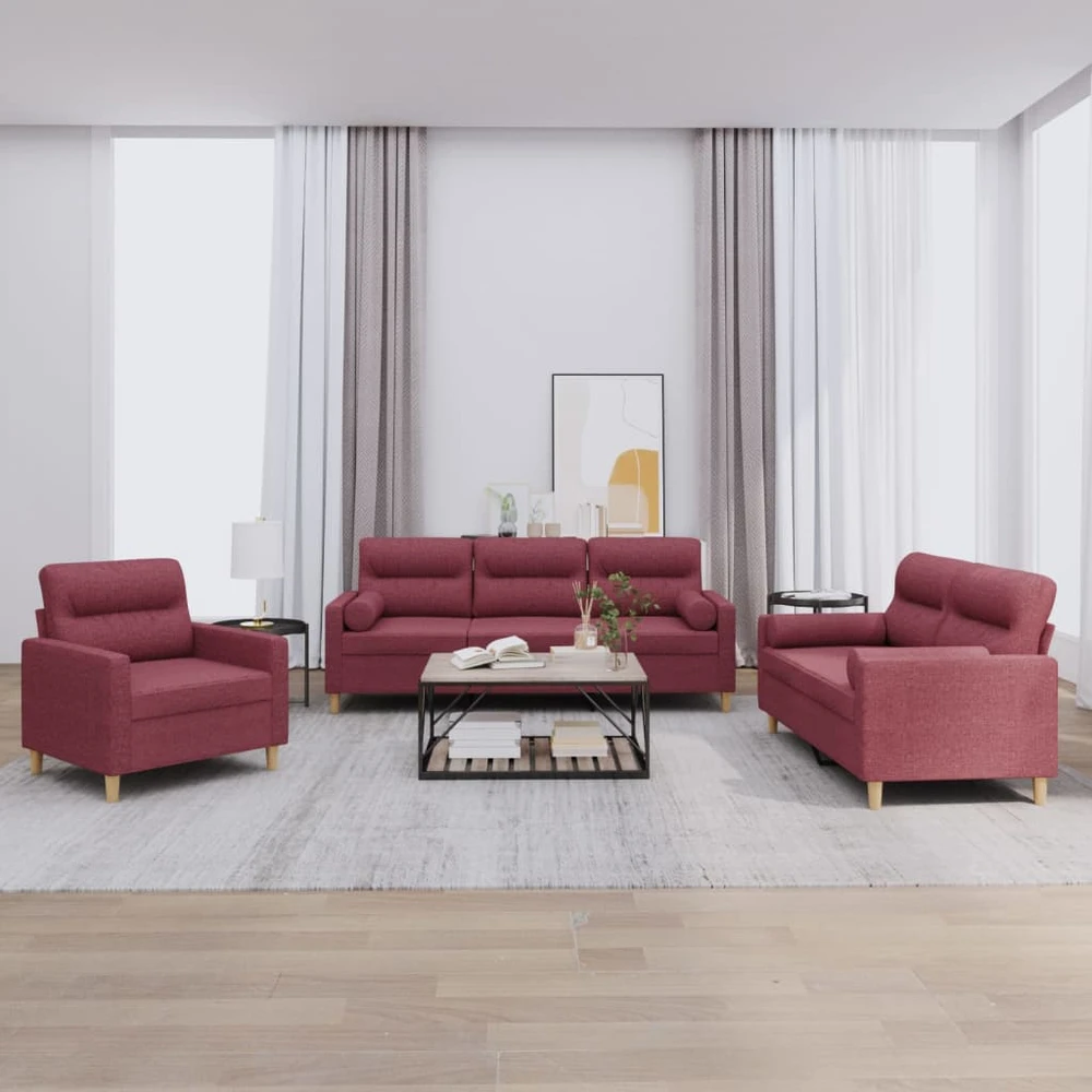 Sofa Sofos komplektas su pagalvėmis, 3 dalių, vyno, audinys