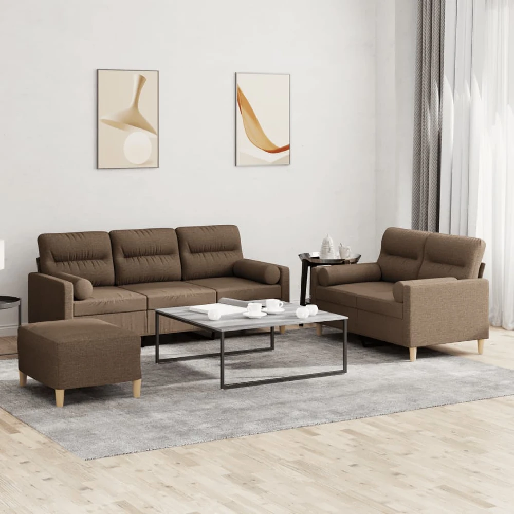 Sofa Sofos komplektas su pagalvėmis, 3 dalių, rudas, audinys