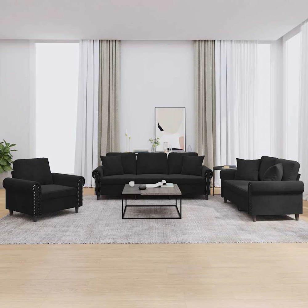 Sofa Sofos komplektas su pagalvėmis, 3 dalių, juodas, aksomas