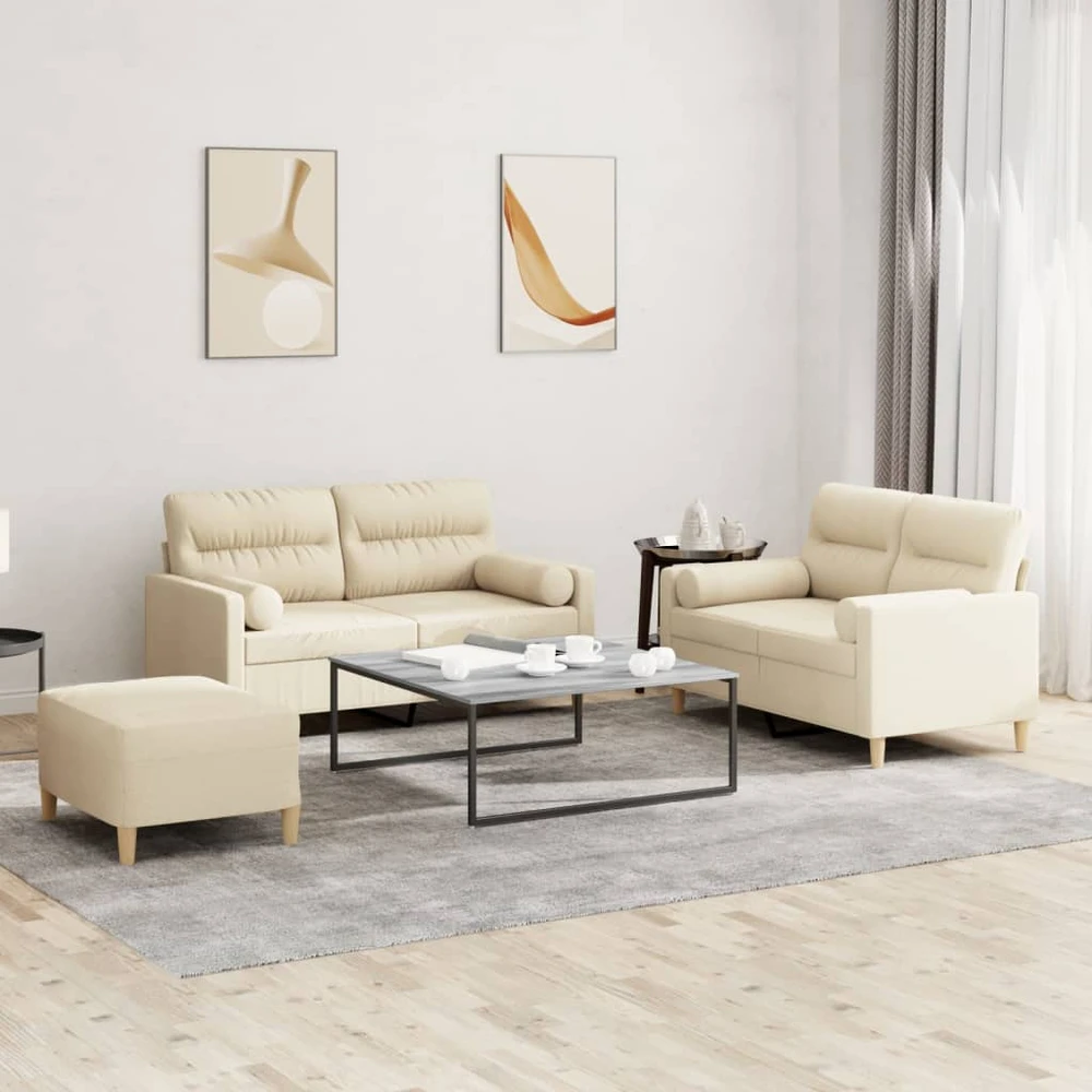 Sofa Sofos komplektas su pagalvėmis, 3 dalių, kreminis, audinys