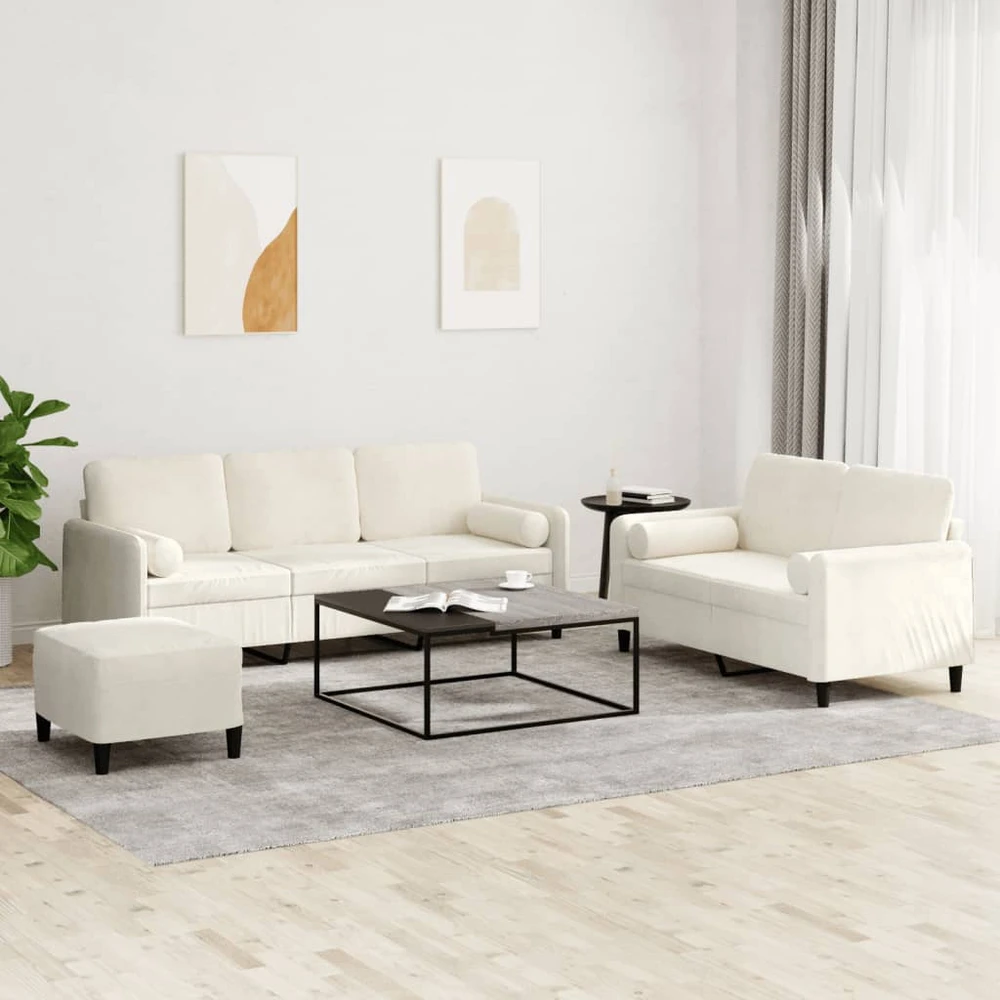 Sofa Sofos komplektas su pagalvėmis, 3 dalių, kreminis, aksomas