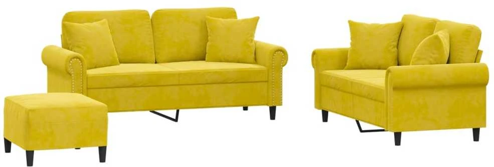 Sofa Sofos komplektas su pagalvėmis, 3 dalių, geltonas, aksomas