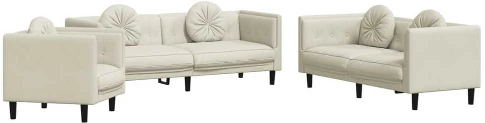 Sofa Sofos komplektas su pagalvėmis, 3 dalių, kreminis, aksomas
