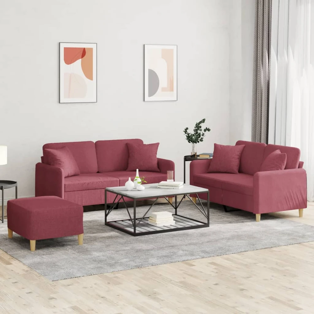 Sofa Sofos komplektas su pagalvėmis, 3 dalių, vyno, audinys