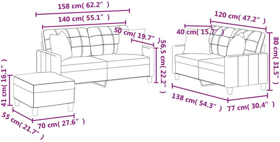 Sofa Sofos komplektas su pagalvėmis, 3 dalių, kreminis, dirbtinė oda