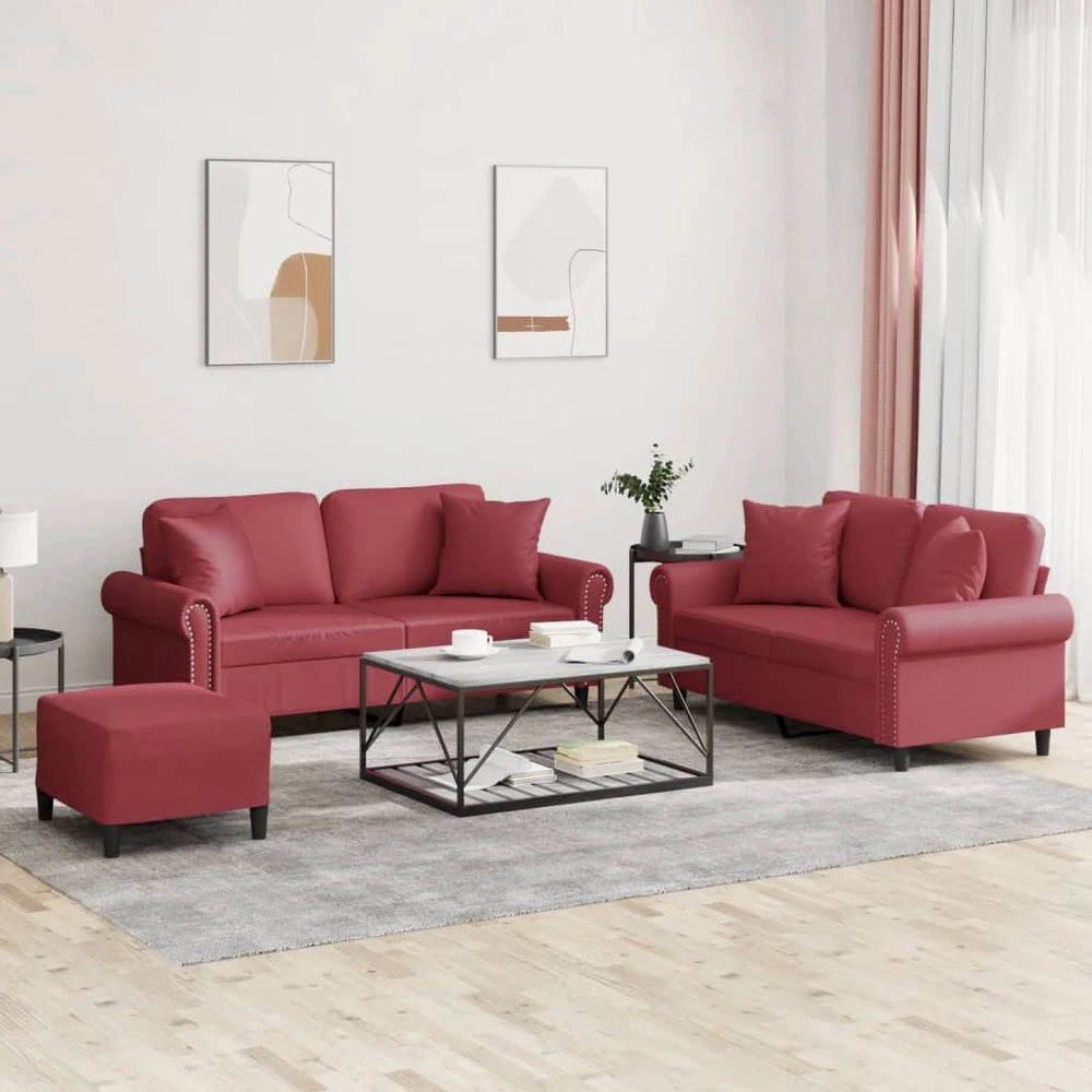 Sofa Sofos komplektas su pagalvėmis, 3 dalių, vyno, dirbtinė oda