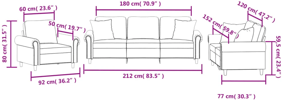 Sofa Sofos komplektas su pagalvėmis, 3 dalių, kreminis, aksomas