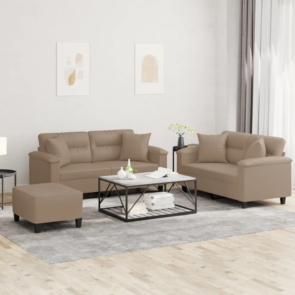 Sofa Sofos komplektas su pagalvėmis, 3 dalių, kapučino, dirbtinė oda