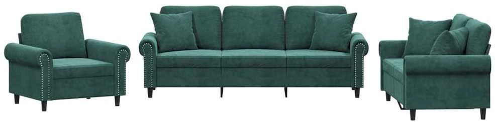Sofa Sofos komplektas su pagalvėmis, 3 dalių, žalias, aksomas