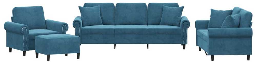 Sofa Sofos komplektas su pagalvėmis, 4 dalių, mėlynas, aksomas