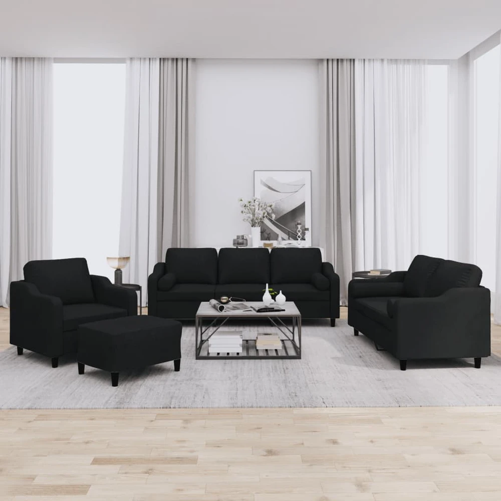 Sofa Sofos komplektas su pagalvėmis, 4 dalių, juodas, audinys