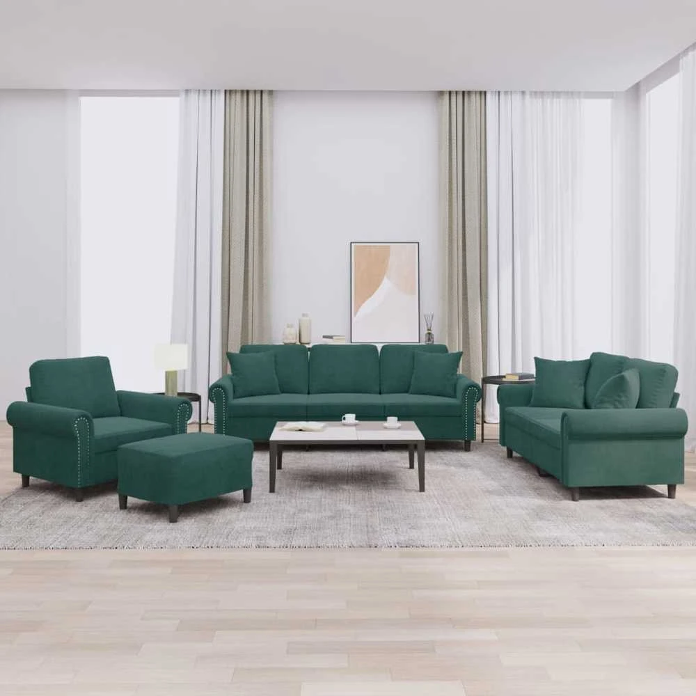 Sofa Sofos komplektas su pagalvėmis, 4 dalių, žalias, aksomas