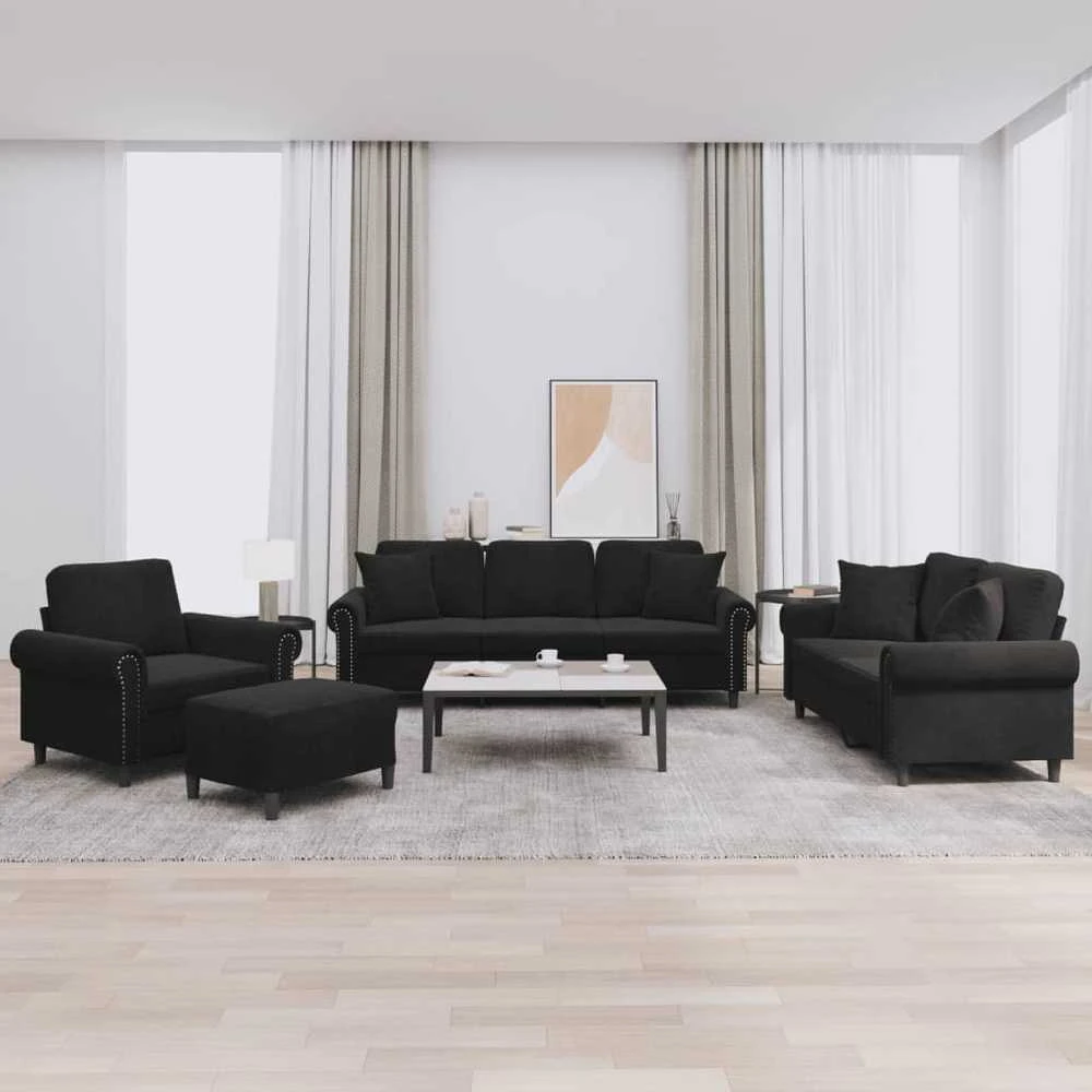 Sofa Sofos komplektas su pagalvėmis, 4 dalių, juodas, aksomas