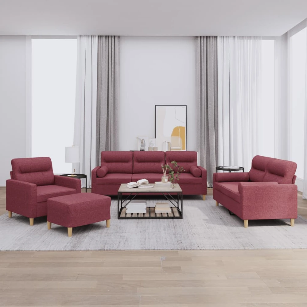 Sofa Sofos komplektas su pagalvėmis, 4 dalių, vyno, audinys