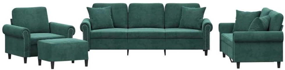 Sofa Sofos komplektas su pagalvėmis, 4 dalių, žalias, aksomas