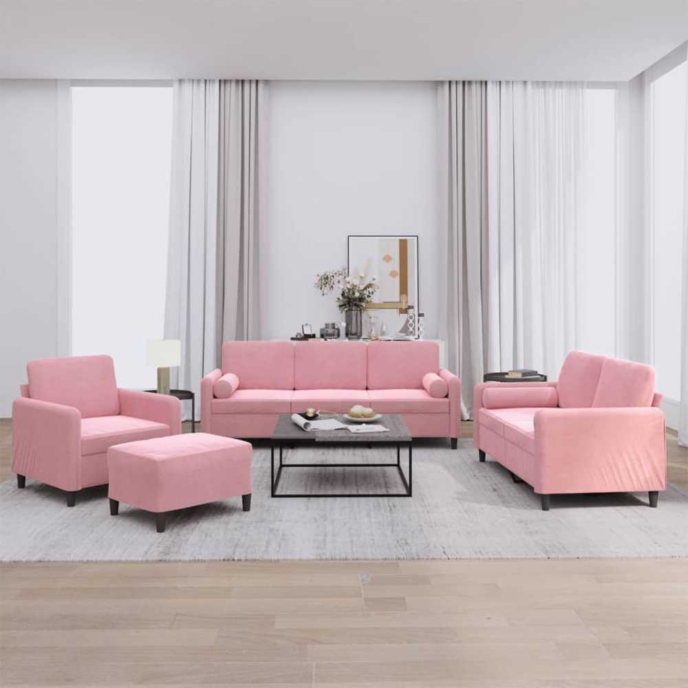 Sofa Sofos komplektas su pagalvėmis, 4 dalių, rožinis, aksomas