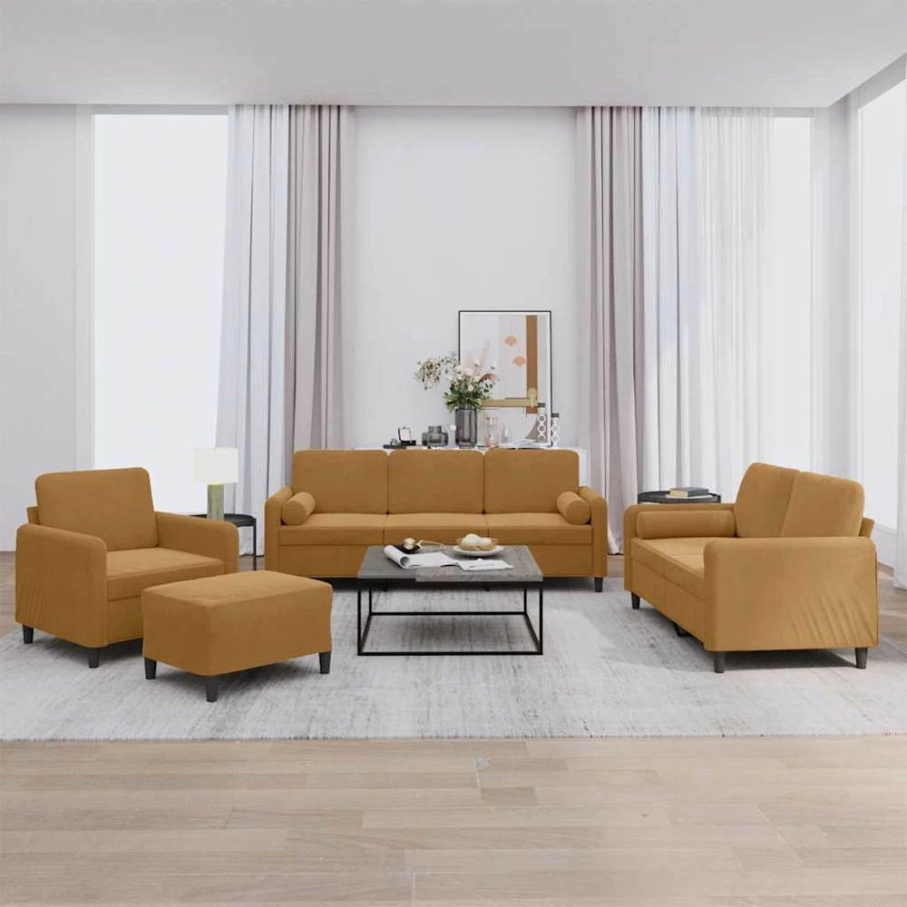 Sofa Sofos komplektas su pagalvėmis, 4 dalių, rudas, aksomas
