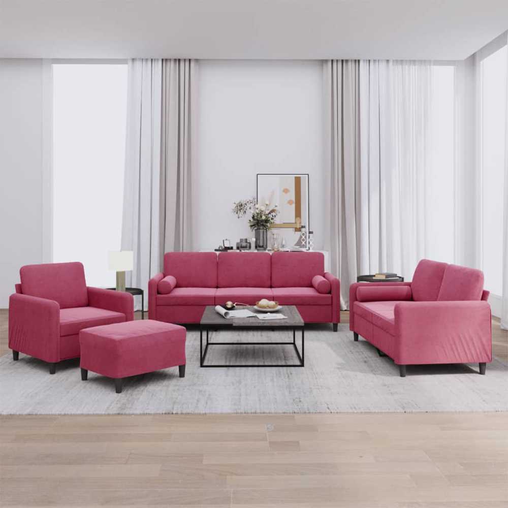 Sofa Sofos komplektas su pagalvėmis, 4 dalių, vyno, aksomas