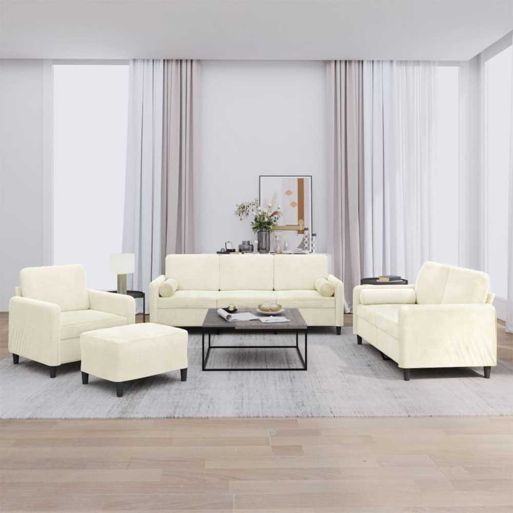 Sofa Sofos komplektas su pagalvėmis, 4 dalių, kreminis, aksomas