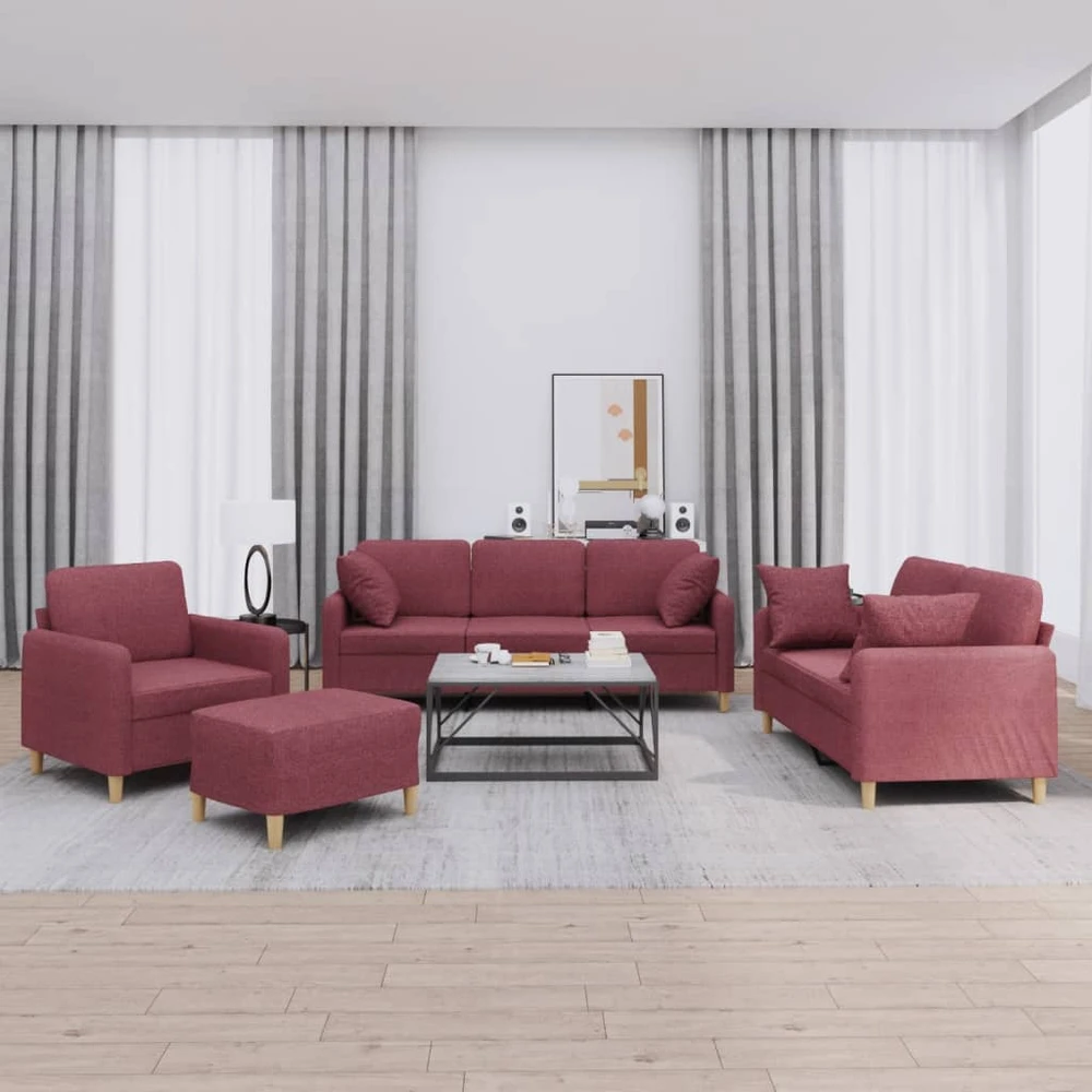 Sofa Sofos komplektas su pagalvėmis, 4 dalių, vyno, audinys