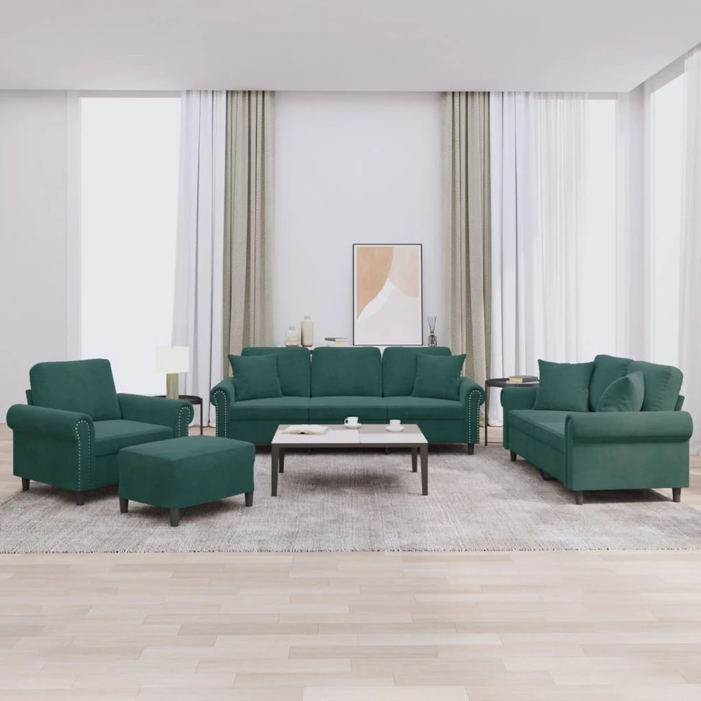 Sofa Sofos komplektas su pagalvėmis, 4 dalių, žalias, aksomas