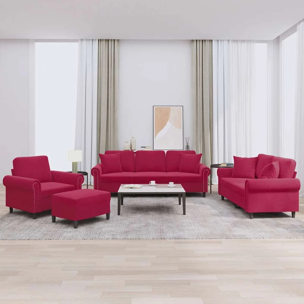Sofa Sofos komplektas su pagalvėmis, 4 dalių, vyno, aksomas