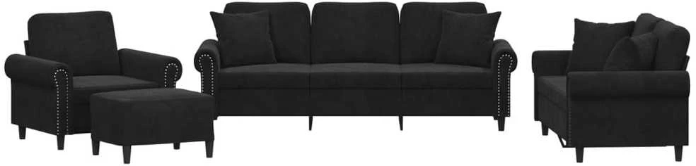 Sofa Sofos komplektas su pagalvėmis, 4 dalių, juodas, aksomas