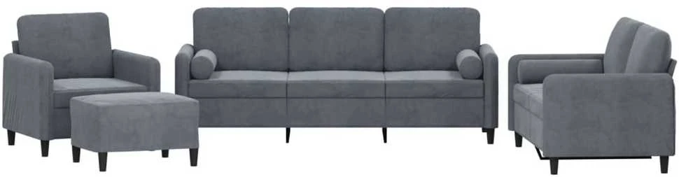 Sofa Sofos komplektas su pagalvėmis, 4 dalių, pilkas, aksomas