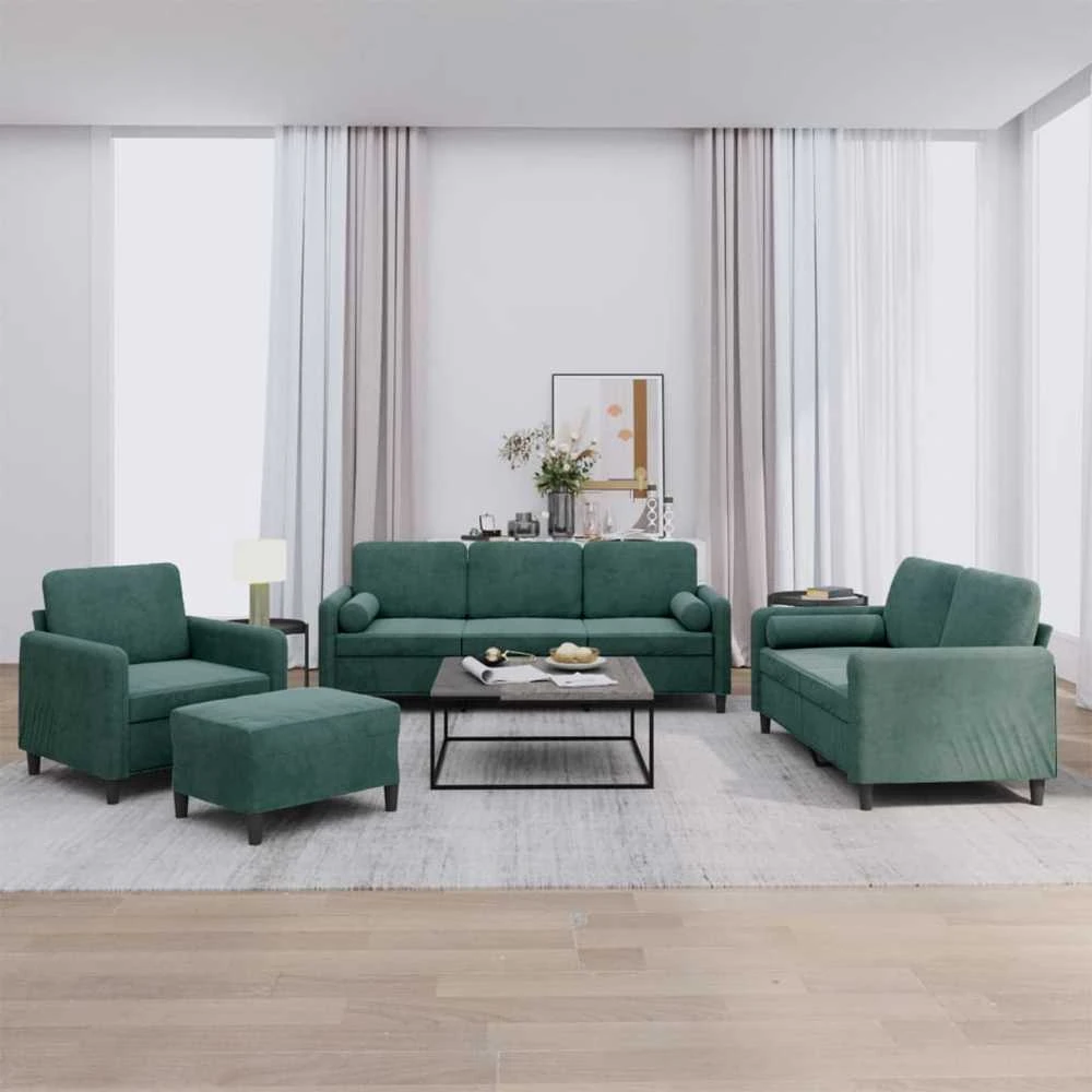 Sofa Sofos komplektas su pagalvėmis, 4 dalių, žalias, aksomas