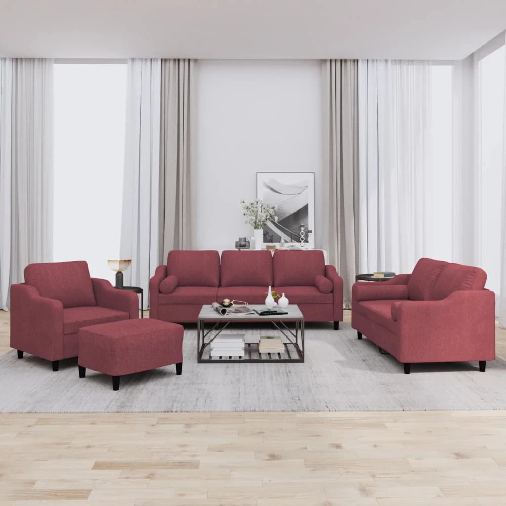 Sofa Sofos komplektas su pagalvėmis, 4 dalių, vyno, audinys