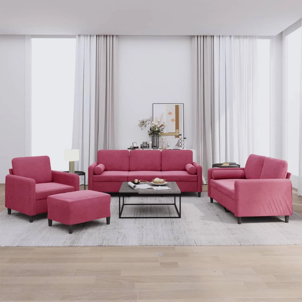Sofa Sofos komplektas su pagalvėmis, 4 dalių, vyno, aksomas